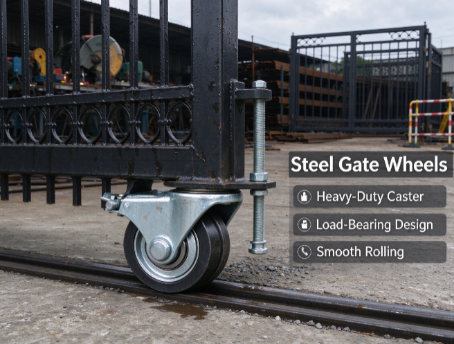 Durable steel gate wheels offer smooth rolling on tracks for industrial gates.