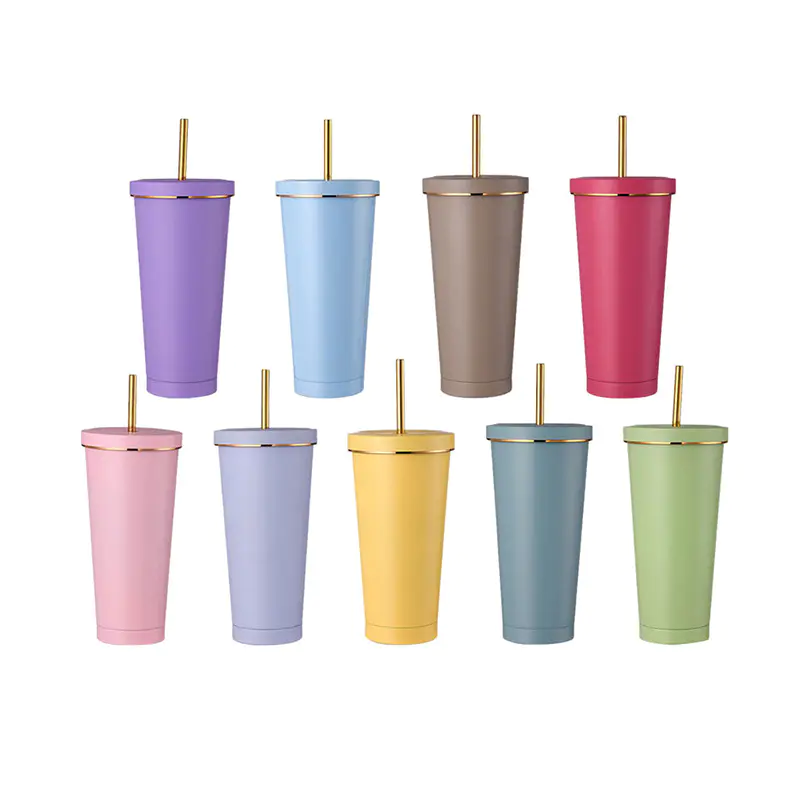 Premium Insulated Straw Mug with Elegant Gold Rim