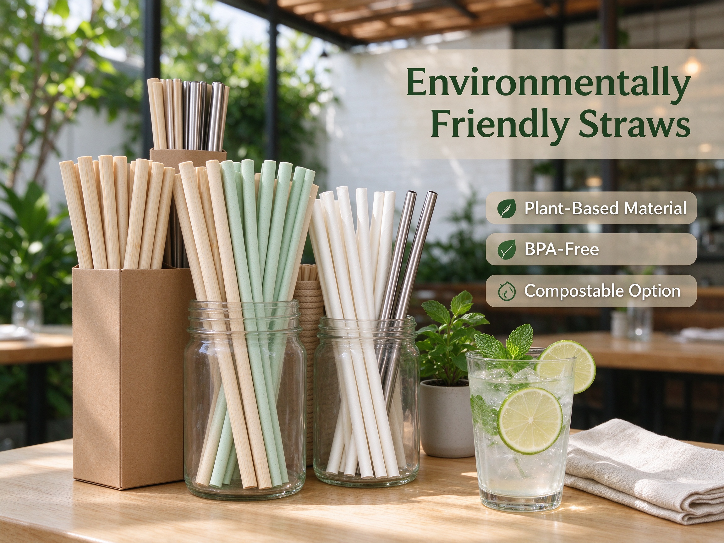 Biodegradable, compostable plant-based drinking straws in glass jars on a cafe table.