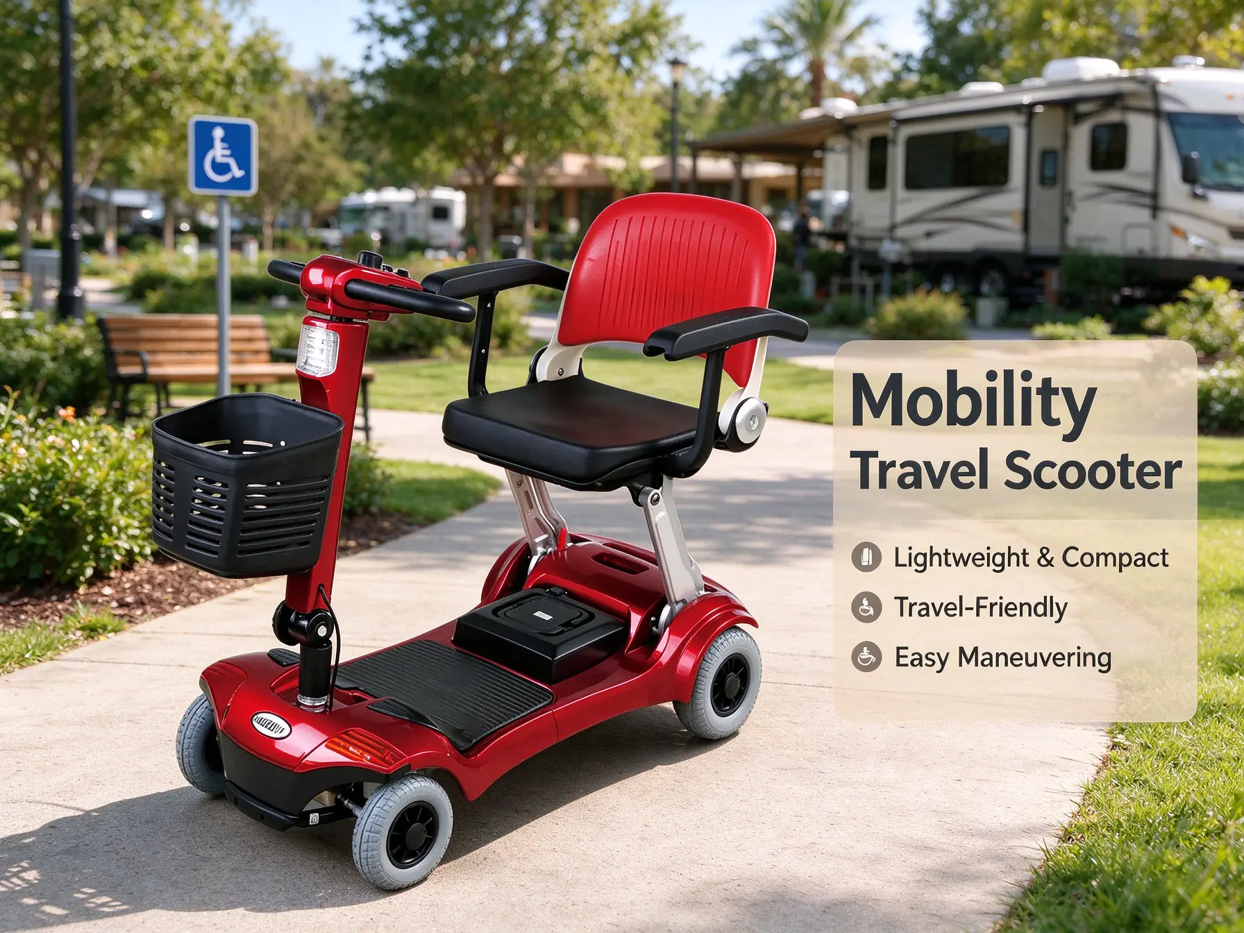 A travel-friendly 4-wheel red electric mobility scooter with a front storage basket.
