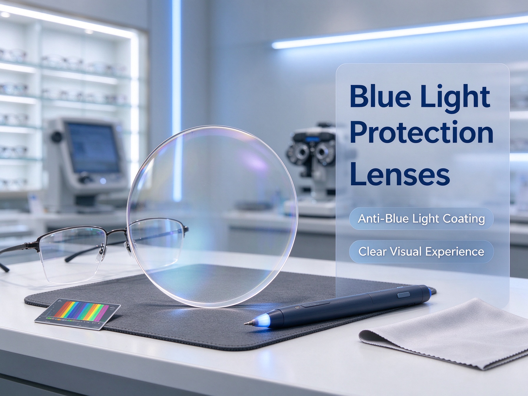 Anti-blue light lens testing with a blue laser pointer on a desk in an optical lab shop.