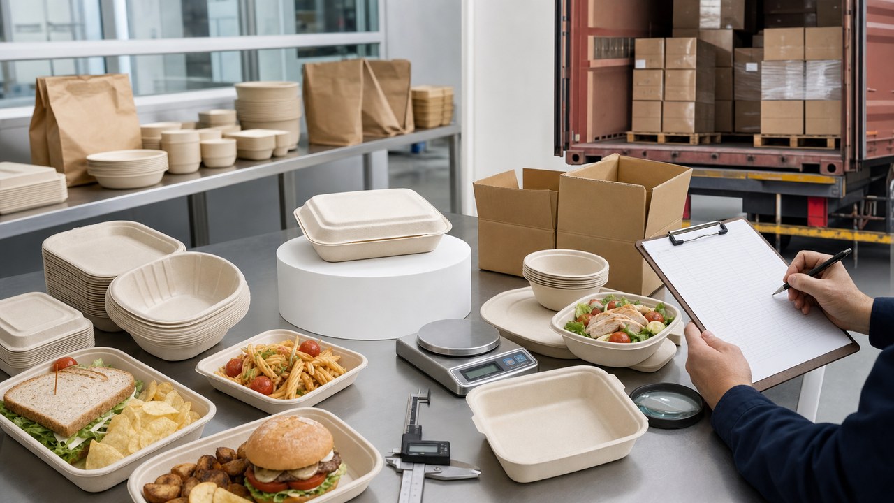 Bagasse packaging quality control workflow with samples, carton inspection and container loading records